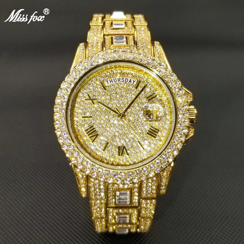 MISSFOX Hip Hop Diamond Mens Watches Luxury Gold Stainless Steel Quartz