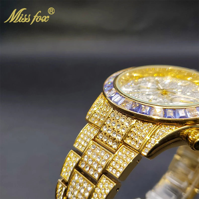 Luxury Gold Men Watch Waterproof Stainless Steel Iced Bracelet Purple Diamond Watches