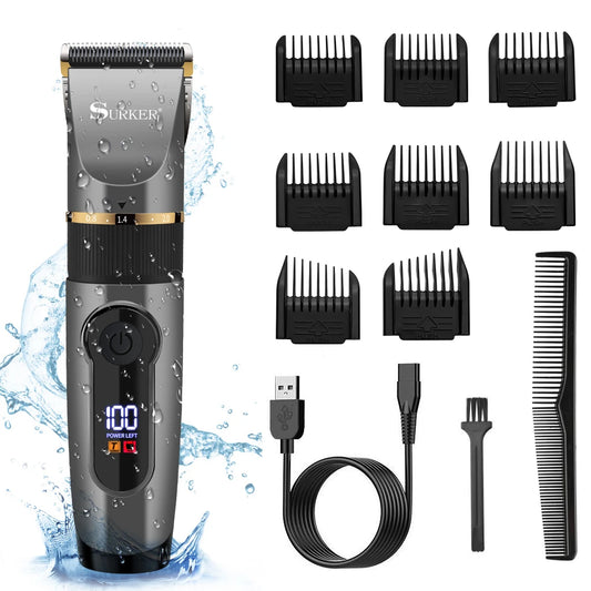 SURKER Professional Hair Clipper Ceramic Blade Male Hair Trimmer LED Display Haircut Machine USB charging