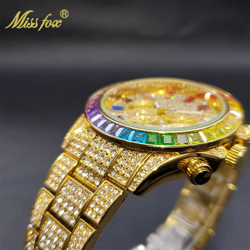 Gold Men Watch With Rainbow Diamond Bezel MISSFOX Chronograph Three Dial Waterproof Watches