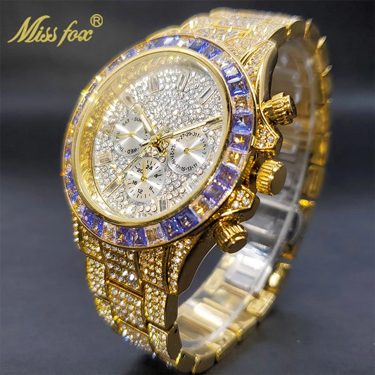 Luxury Gold Men Watch Waterproof Stainless Steel Iced Bracelet Purple Diamond Watches