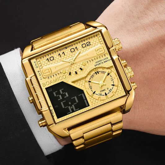 BOAMIGO Top Brand Luxury Fashion Men Watches Gold Steel Sport Square Digital Analog Big Quartz Watch for Man relogio masculino