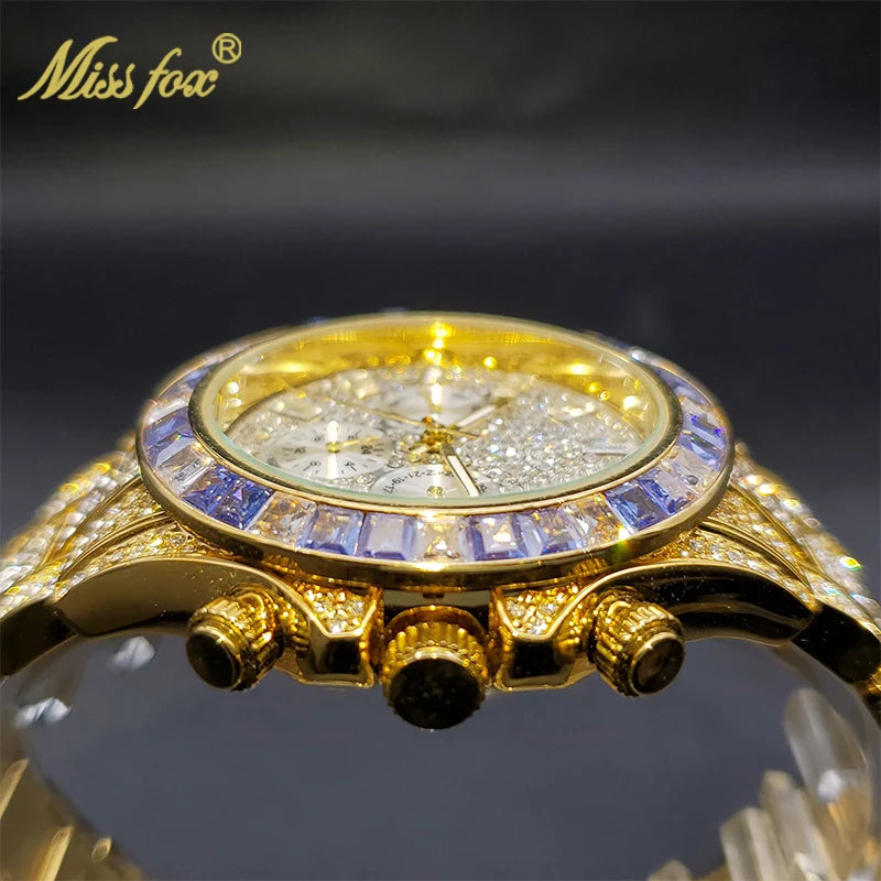 Luxury Gold Men Watch Waterproof Stainless Steel Iced Bracelet Purple Diamond Watches