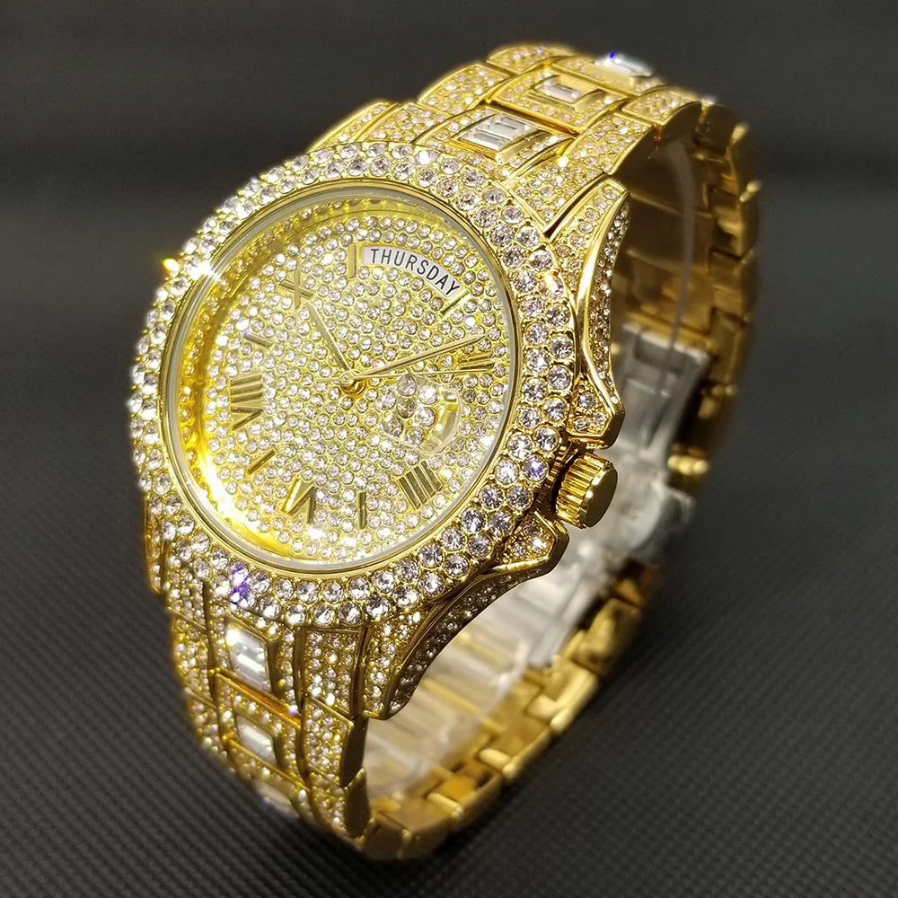 MISSFOX Hip Hop Diamond Mens Watches Luxury Gold Stainless Steel Quartz