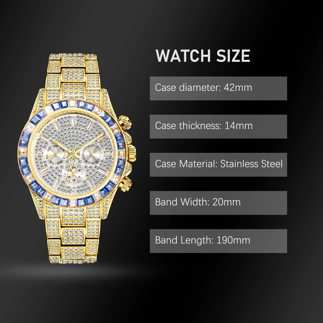 Luxury Gold Men Watch Waterproof Stainless Steel Iced Bracelet Purple Diamond Watches