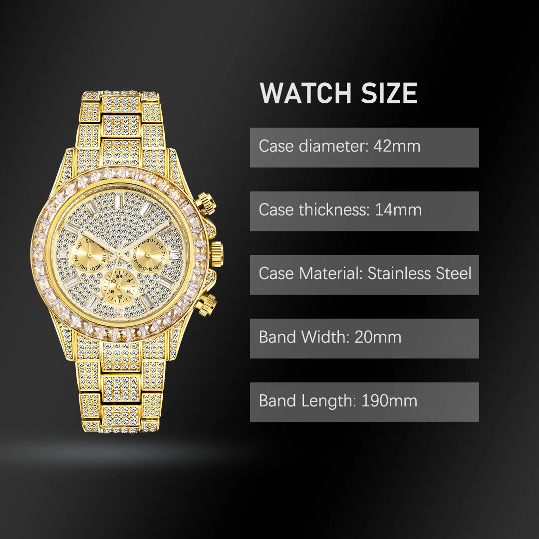 Gold Men Watch With Rainbow Diamond Bezel MISSFOX Chronograph Three Dial Waterproof Watches