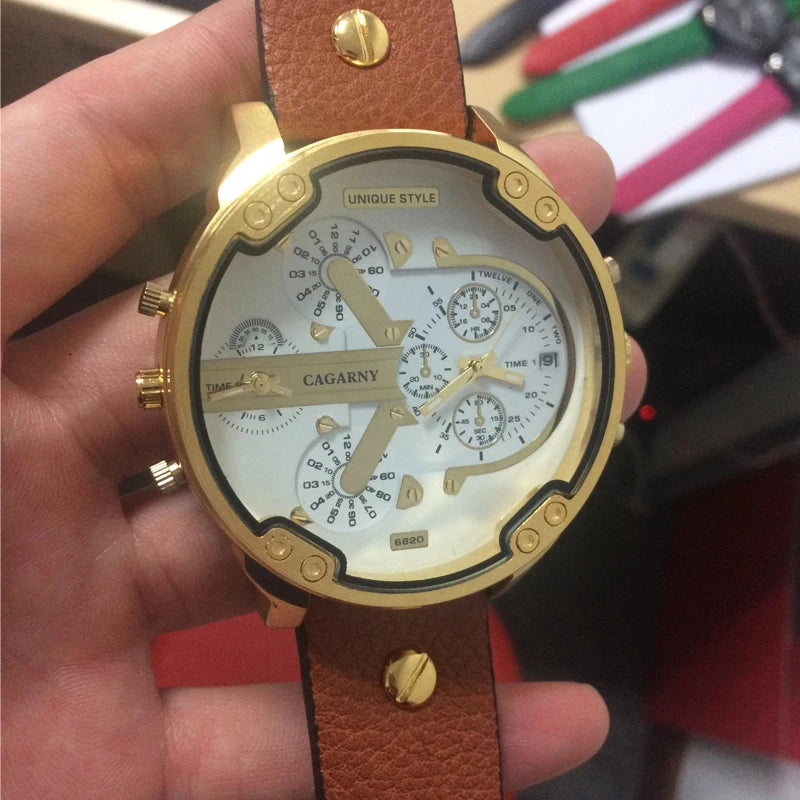 Cagarny Men's Watches Men Fashion Quartz Wristwatches Big Watch Leather Bracelet