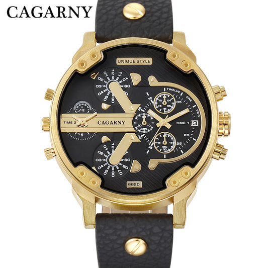 Cagarny Men's Watches Men Fashion Quartz Wristwatches Big Watch Leather Bracelet