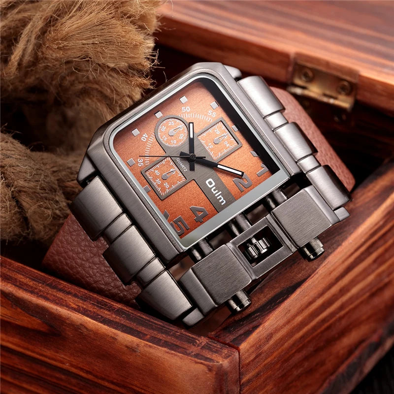Oulm Brand 3364 Unique Design Square Men Wristwatch Casual Leather Strap