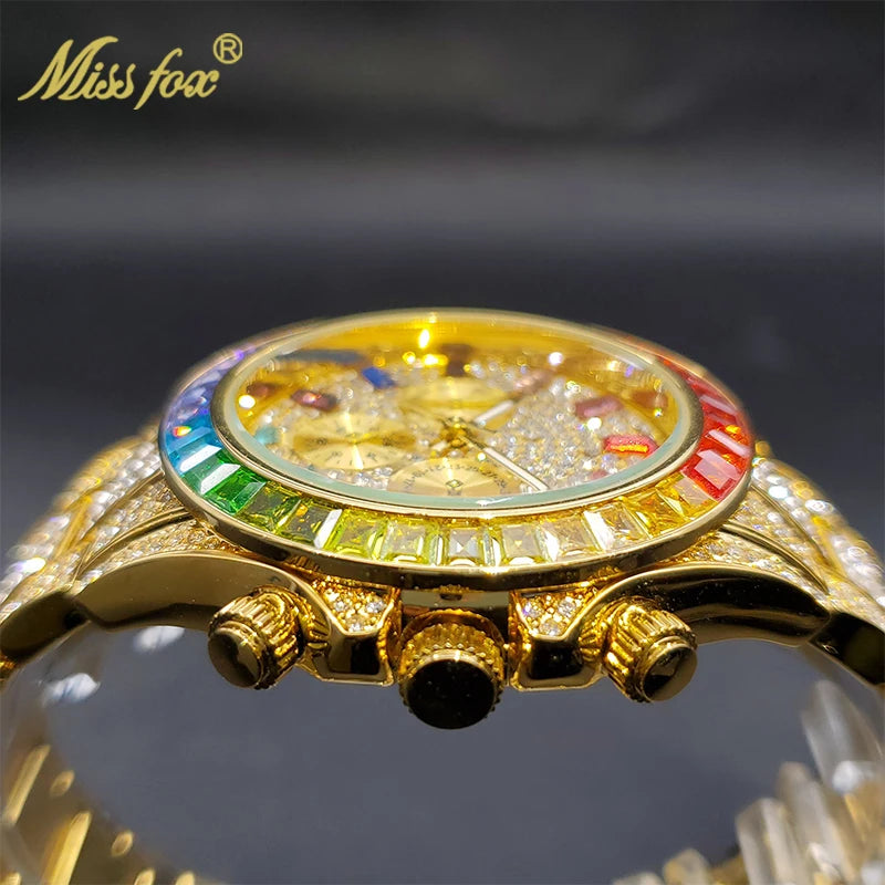 Gold Men Watch With Rainbow Diamond Bezel MISSFOX Chronograph Three Dial Waterproof Watches