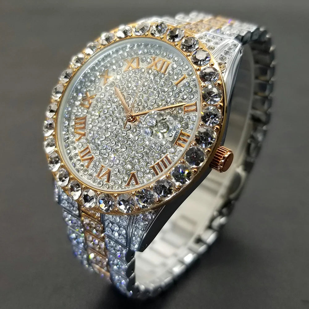 MISSFOX Hip Hop Men Watches Brand Luxury Roman Ice Out Automatic Date Male Wristwatch Full Diamond