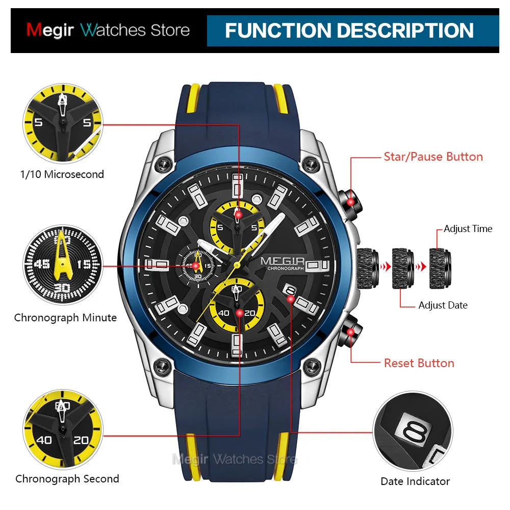 MEGIR Men's Military Sport Watches Men Waterproof Fashion Blue Silicone Strap Wristwatch Man