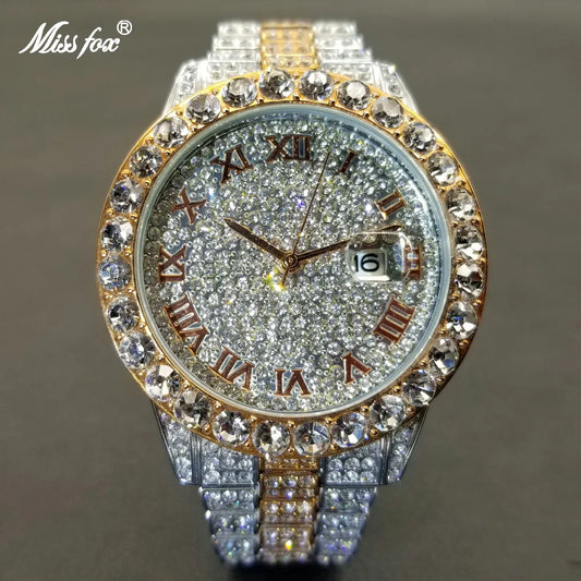 MISSFOX Hip Hop Men Watches Brand Luxury Roman Ice Out Automatic Date Male Wristwatch Full Diamond