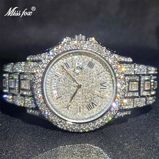 Relogio Masculino Luxury MISSFOX Ice Out Diamond Watch Multifunction Day Date