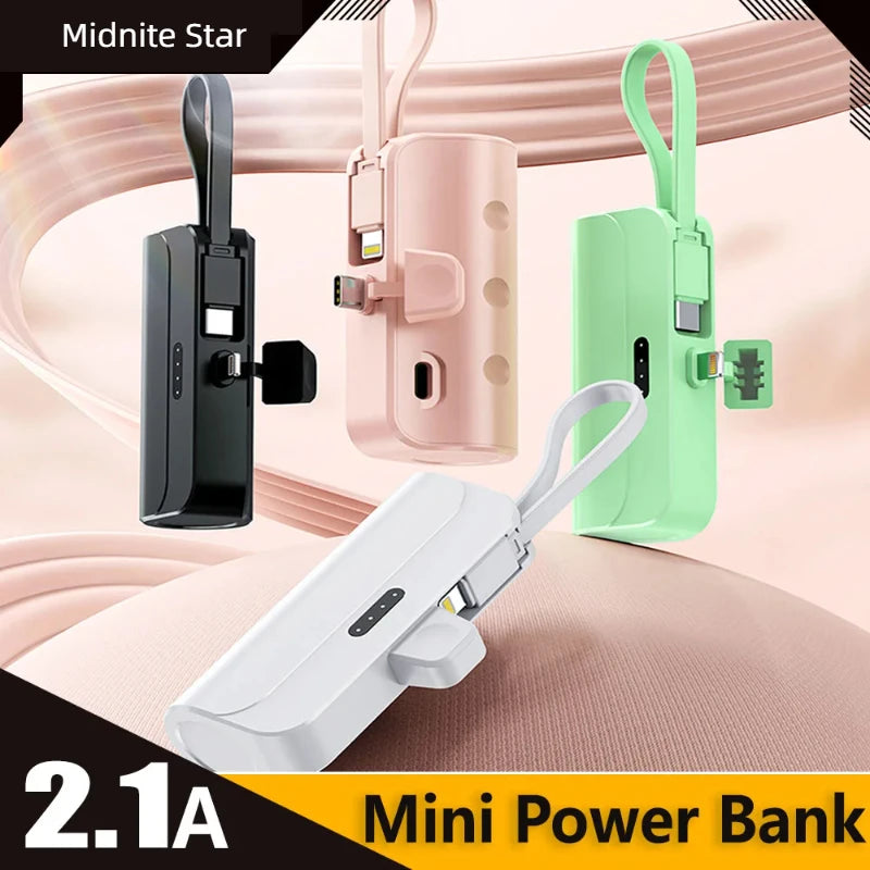 2 In1 Mini Power Bank Built in Cable 5000mAh PowerBank Plug Play External Battery Portable Charger For IPhone Samsung Xiaomi