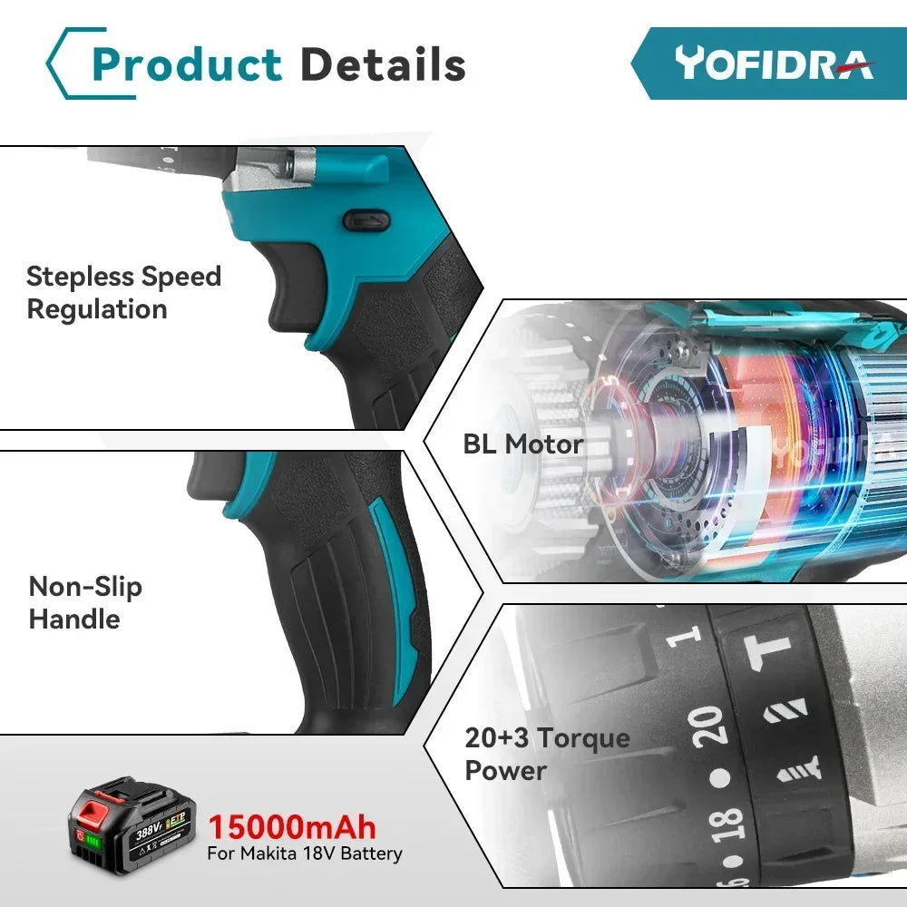 Yofidra 13mm 20+3 480N.M Torque Brushless Hammer Drill Cordless Electric Impact Drill Screwdriver for makita 18V Battery Tool