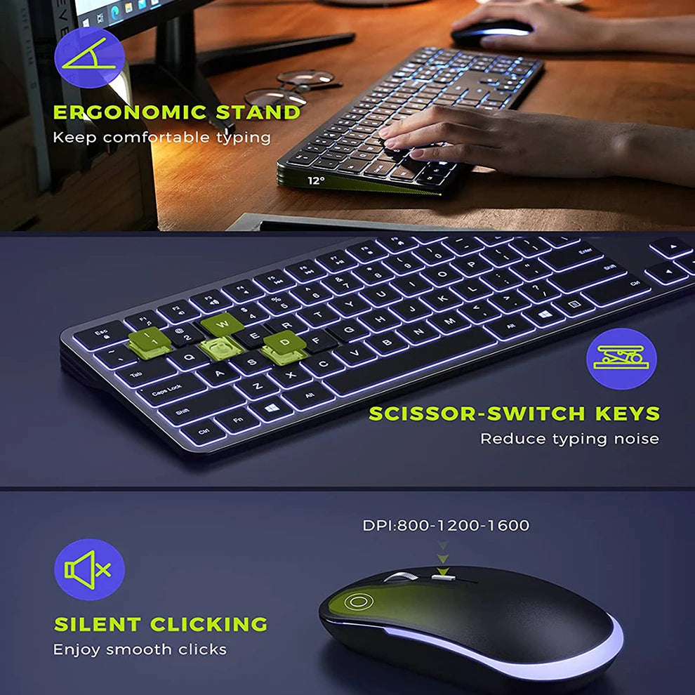 Backlight Wireless Keyboard and Mouse Combo 2.4G USB Silent Keyboard Set Rechargeable Full-Size Slim Keyboard & Mouse Set