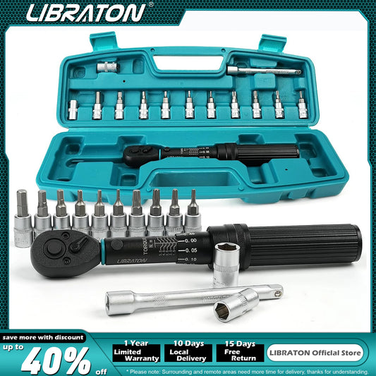 LIBRATON Bike Torque Wrench 1/4'' 1-6Nm, 0.05 Nm Micro, Drive Click Torque Wrench Set, Hex, Torx/Star Bit Sockets, Extension Bar