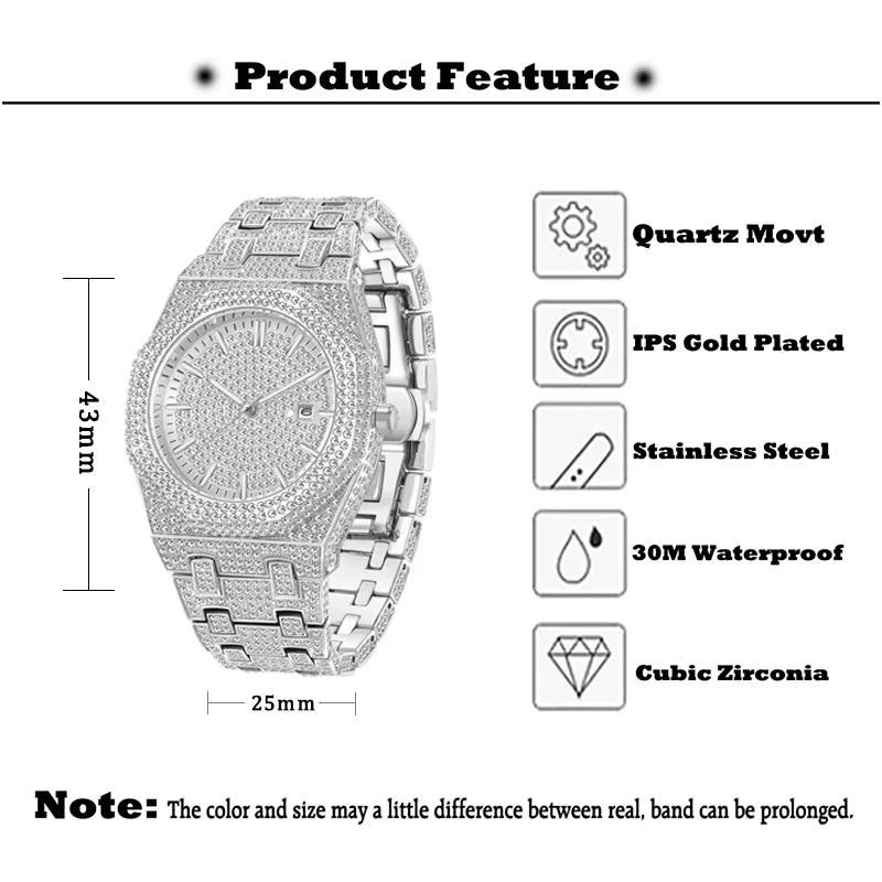 Luxury Iced Watches Mens Brand PLADEN Fashion Stainless Steel Quartz WristWatch Hip Hop Diamond