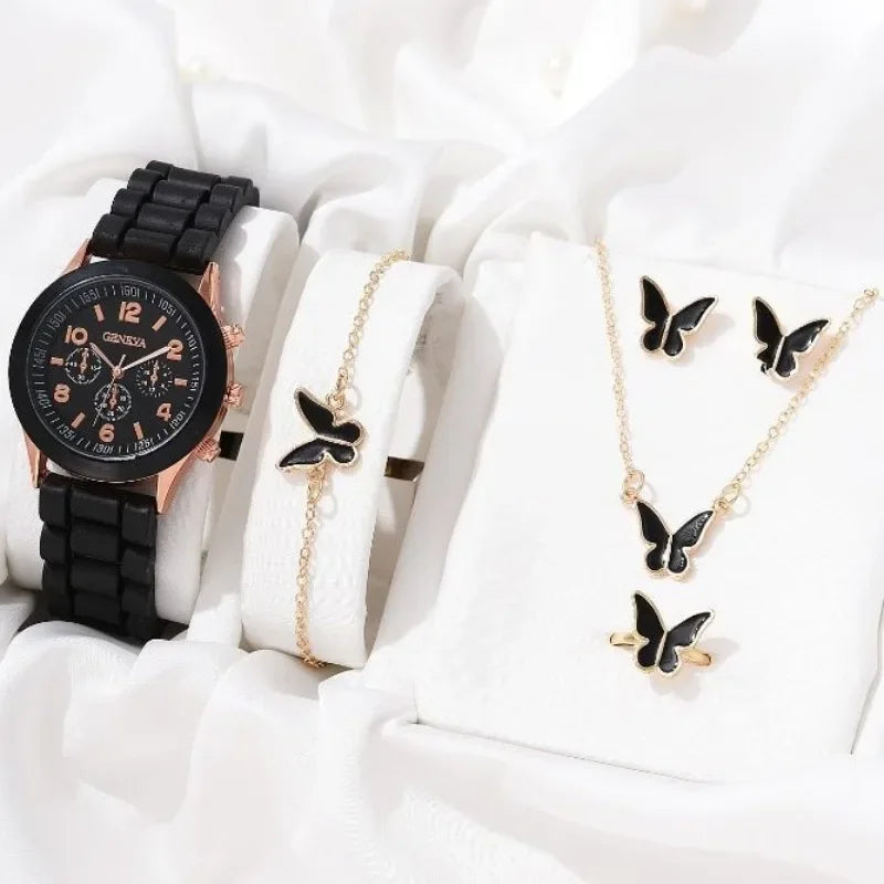 5/2PCS Set Luxury Watch Women Ring Necklace Earrings Rhinestone Wristwatch