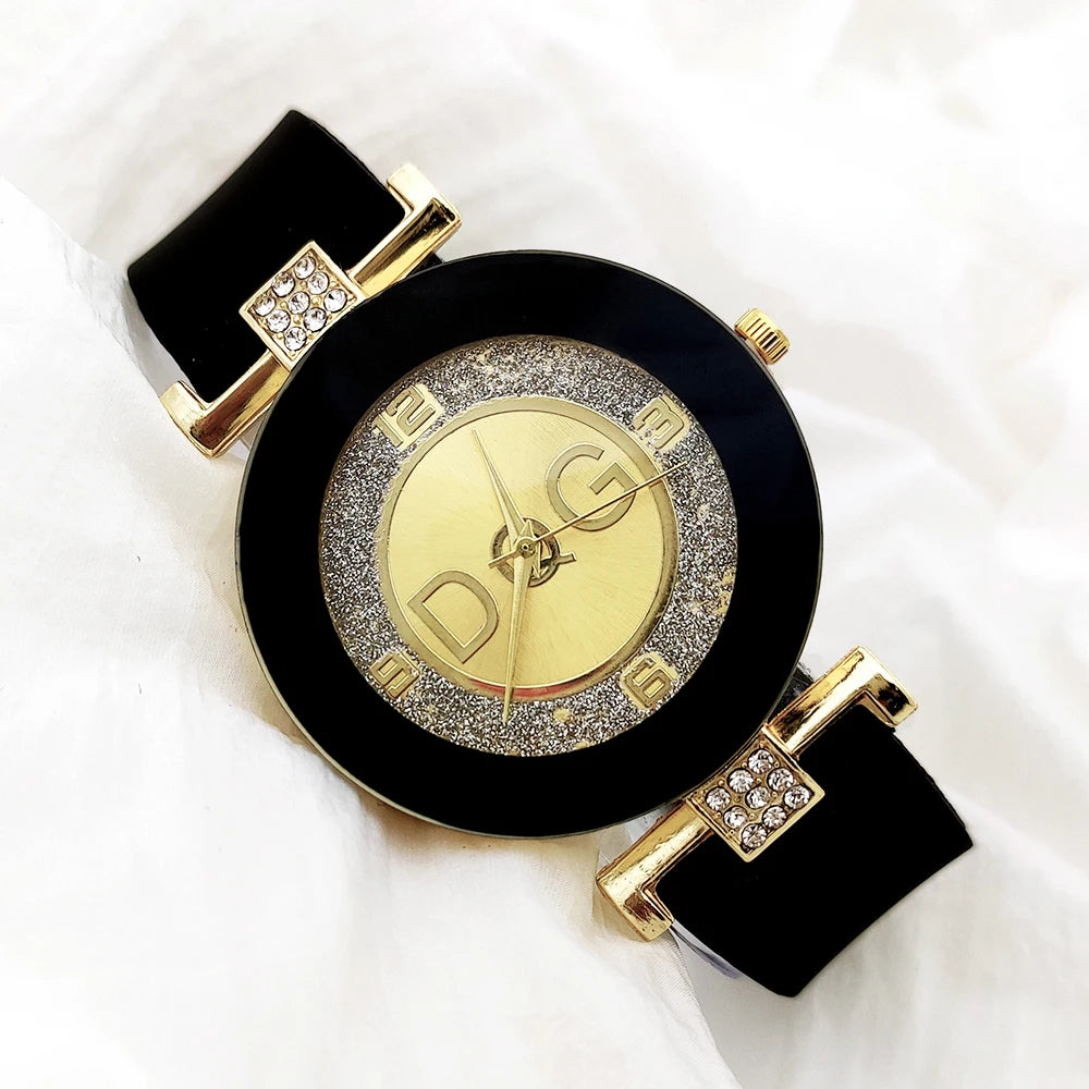 DQG Luxurious Brand Simple Design Ladies Quartz Watches Black And White Silicone Strap