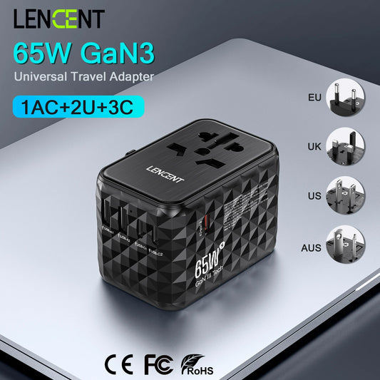 LENCENT 65W GaN Universal Travel Adapter with 2 USB  3 Type C Fast Charging All-in-one Travel Charger EU/UK/USA/AUS for Travel