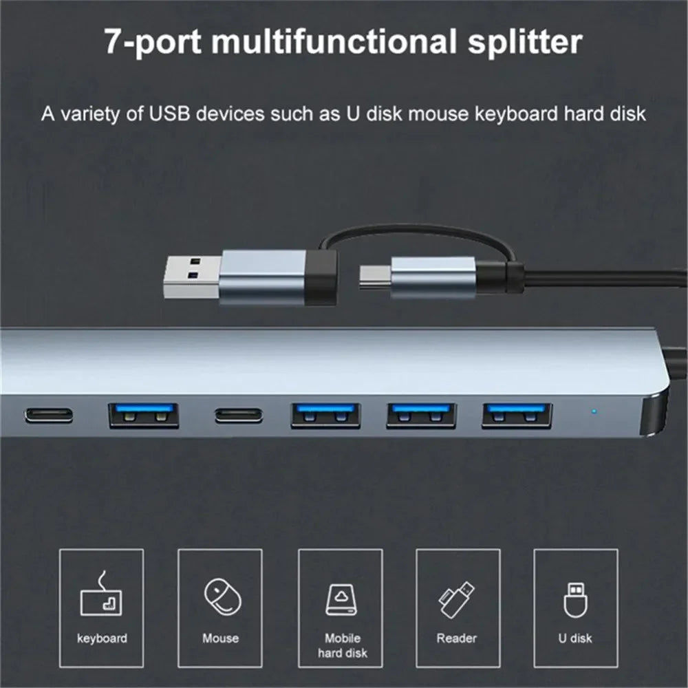 7 Ports USB A C Hub Concentrator 3.0 2.0 Type Multi Adapter Multi-hub Dock Splitter Laptop PC Computer Extension Accessories