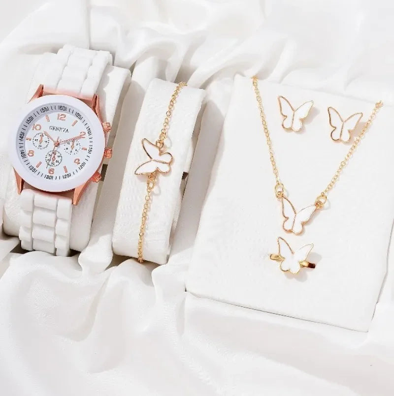 5/2PCS Set Luxury Watch Women Ring Necklace Earrings Rhinestone Wristwatch