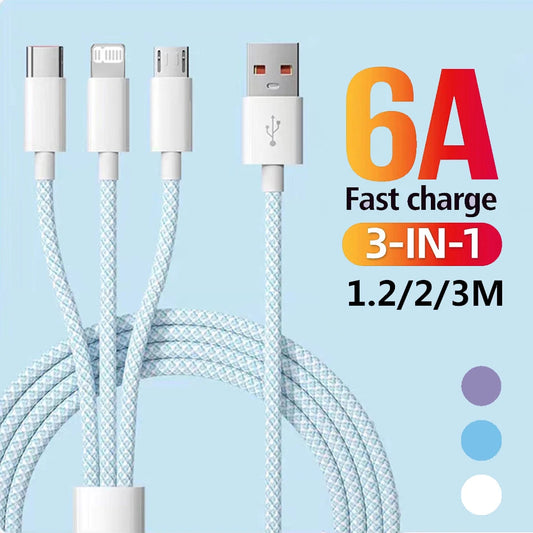 1.2M/2M/3M 6A 66W 3 in 1 Fast Charging Cable USB Type C Cable Multi Mobile Phone Charger USB C Data Cable for iPhone Xiaomi POCO