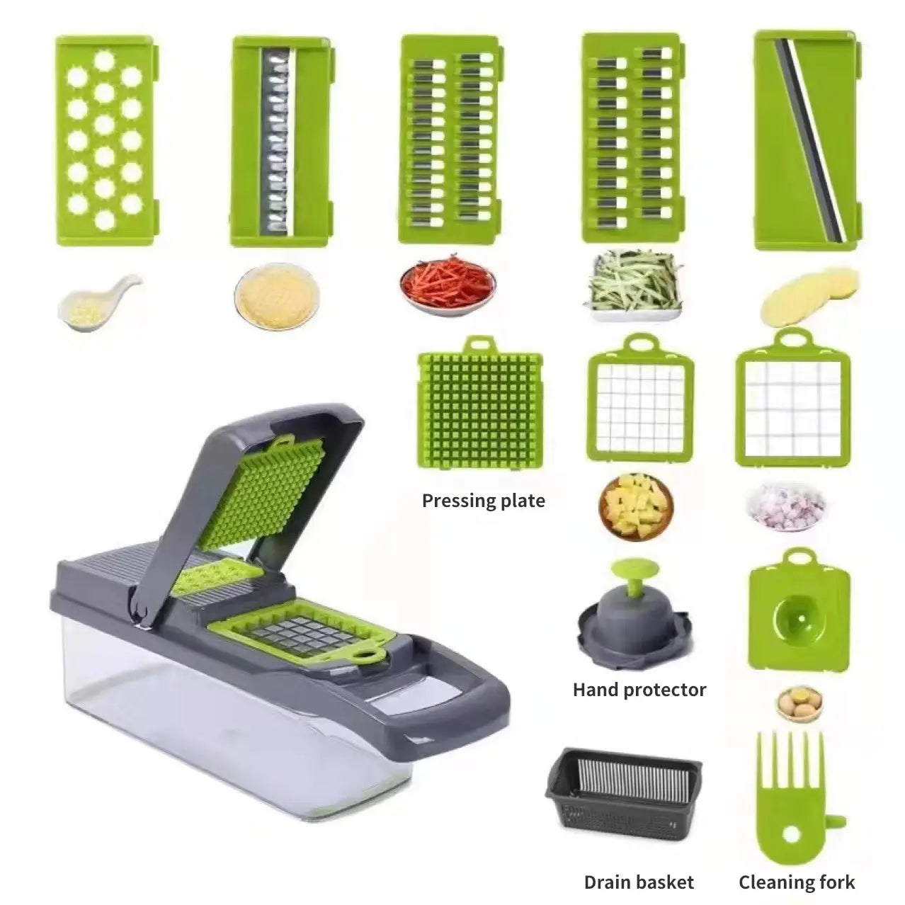 1Pc Green Black 12 in 1 Multifunctional Vegetable Slicer Cutter Shredders Slicer With Basket