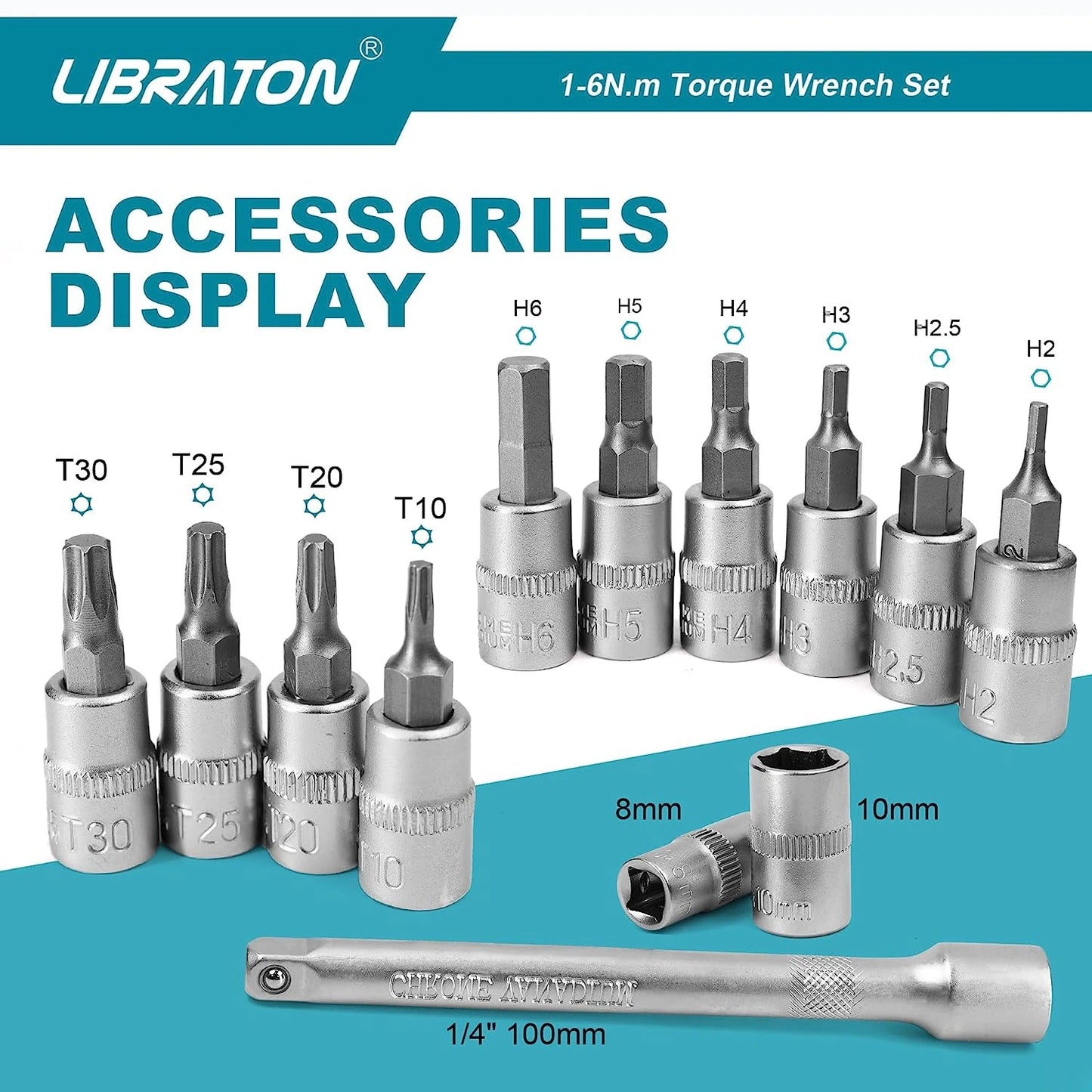 LIBRATON Bike Torque Wrench 1/4'' 1-6Nm, 0.05 Nm Micro, Drive Click Torque Wrench Set, Hex, Torx/Star Bit Sockets, Extension Bar
