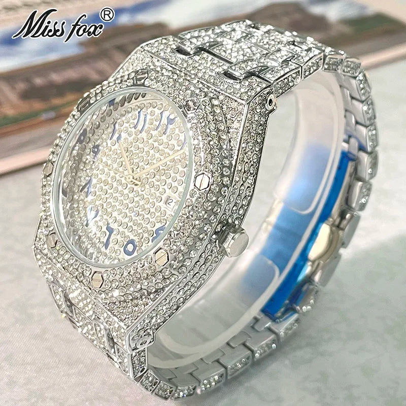 Luxury Fashion Watch For Men Hip Hop Brand MISSFOX Iced Diamond Waterproof Dress AAA Quartz Wristwatch