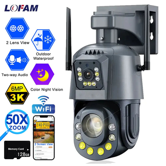 Wifi Camera HD 6MP PTZ 50X Zoom Two-way Audio Color Night Vision Outdoor Waterproof CCTV Surveillance Security Wi-Fi IP Camera