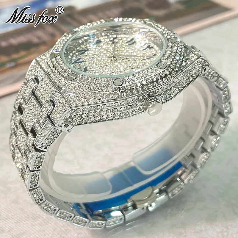 Luxury Fashion Watch For Men Hip Hop Brand MISSFOX Iced Diamond Waterproof Dress AAA Quartz Wristwatch