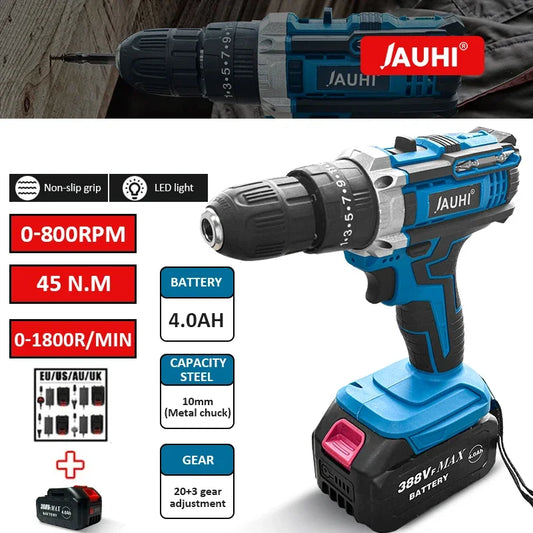 JAUHI 21V Cordless Drill 45N.m 20 Plus 3 Electric Screwdriver Keyless Chuck Two Gear Speed Wireless Power Driver Battery Tools