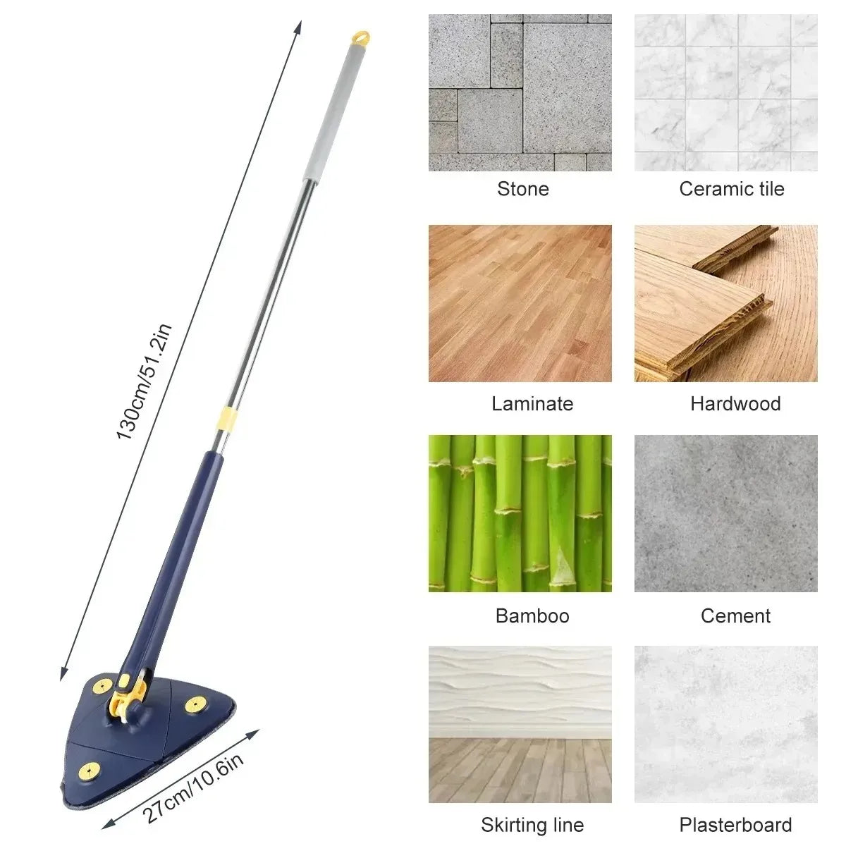 Cleaning Mop 360° Rotatable Water Absorption Triangular Mop Foldable Automatic Water Squeezing OR 3 Mop Cloth