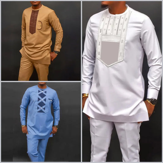 New 2Pc Luxury African Traditional Men's Clothing Elegant Full Suits Male Pant Sets