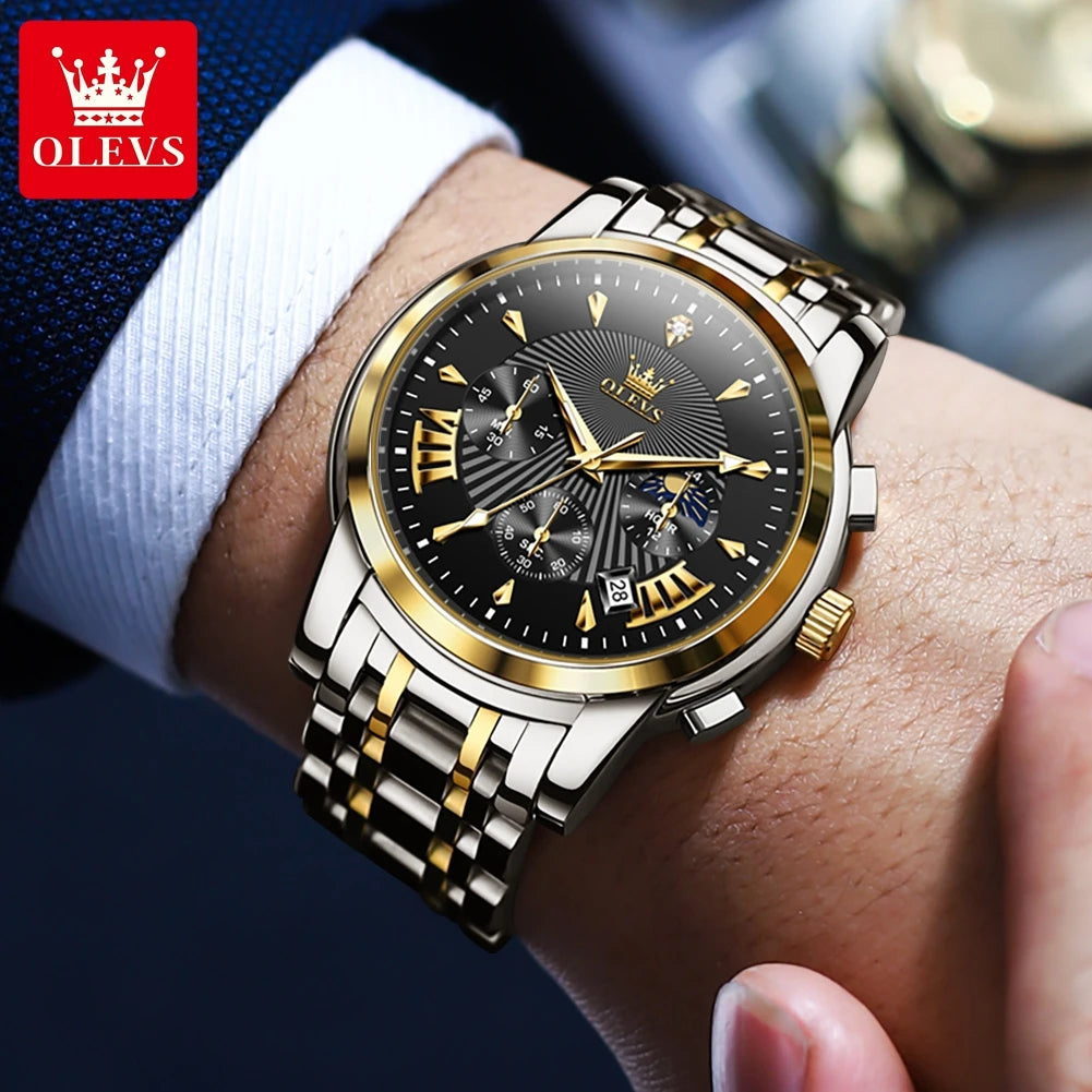 OLEVS New Men's Luxury Brand Quartz Watch Stainless Steel Waterproof Dual Calendar Chronograph