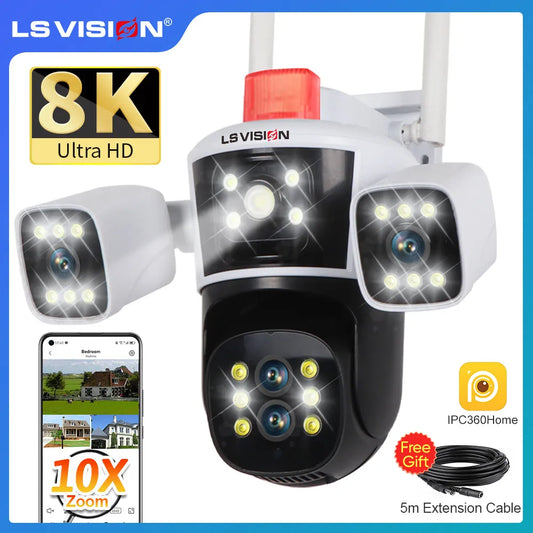 LS VISION 8K 16MP 10X Zoom WiFi IP Camera Outdoor 6K Four Lens Three Screens Human Auto Tracking CCTV Video Surveillance Cameras