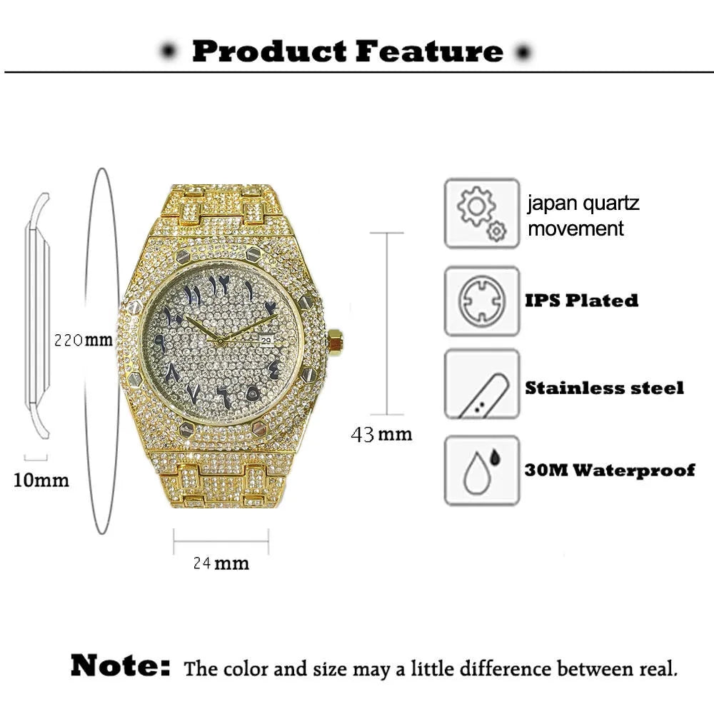 Luxury Fashion Watch For Men Hip Hop Brand MISSFOX Iced Diamond Waterproof Dress AAA Quartz Wristwatch