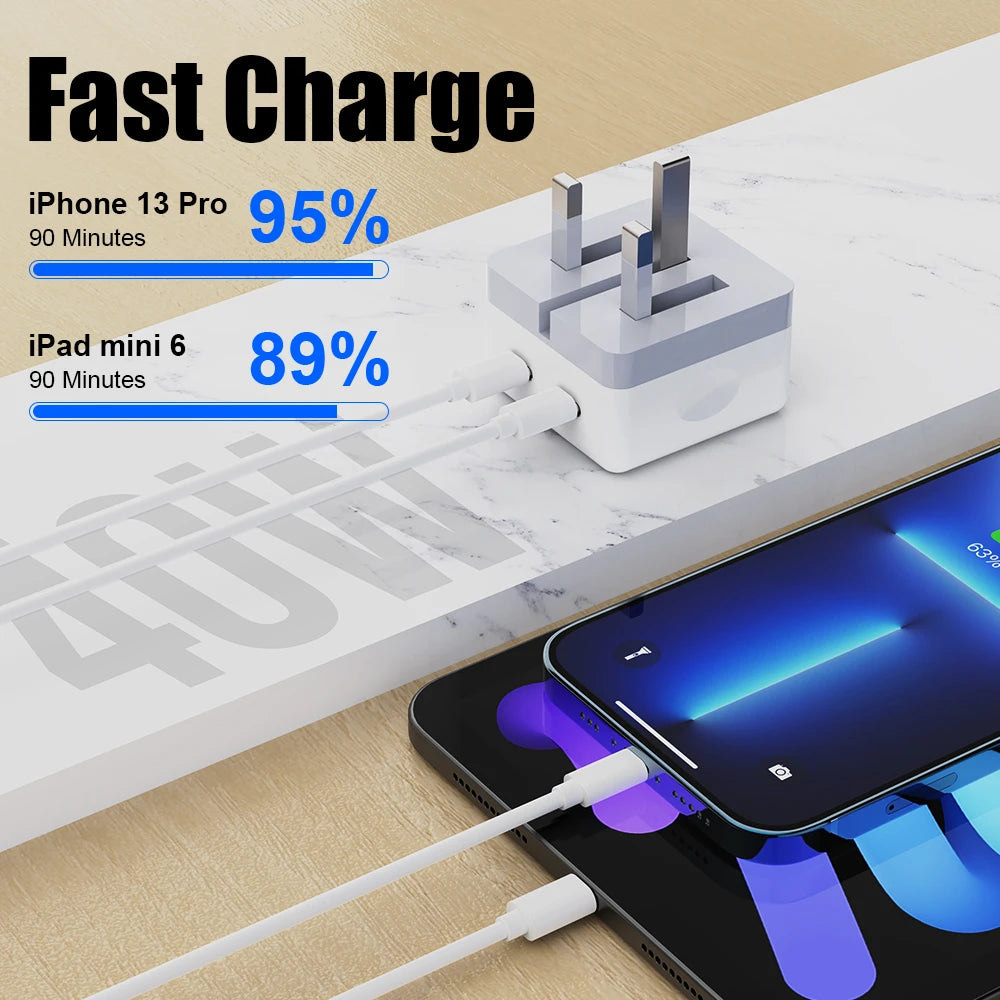 40W Dual USB C Port Fast Charger Foldable Type C Wall Charger Block For iPhone 15 14 Pro Max 12 13 iPad Power Adapter UK Plug