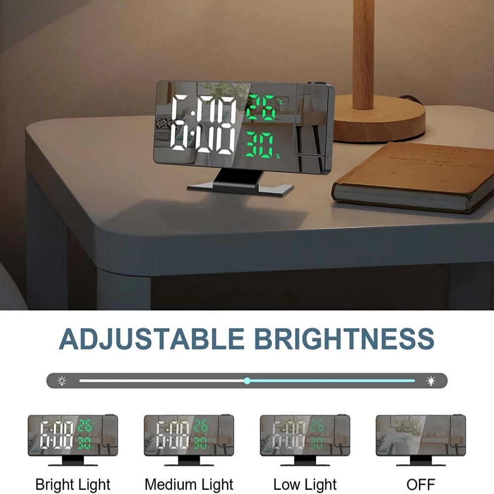 180° Arm Projection Digital Alarm Clock Temperature Humidity Night Mode Snooze 12/24H USB