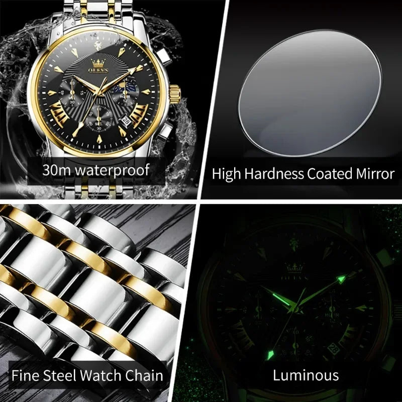 OLEVS Men's Quartz Watch Top Brand Stainless Steel Watches Sports Waterproof