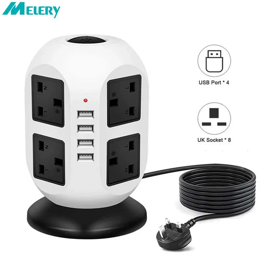 Tower Power Strip Vertical UK Plug Adapter Outlets 8 way AC Multi Electrical Sockets with USB Surge Protector 3m Extension Cord