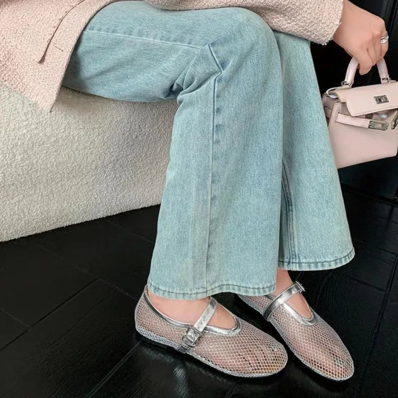 2024 Sandals Ballet Flat Shoes Women Mesh Hollow Outs Mary Jane Shoes Leather Loafers Rivet Studded