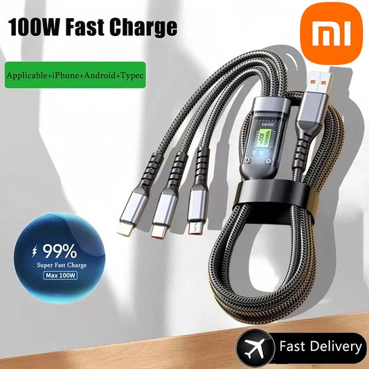 Xiaomi New 3-in-1 100w 5a Fast Charging Usb To Type-c Micro Fast Charger Cable For Iphone 15 14 Samsung Xiaomi Huawei Iphone