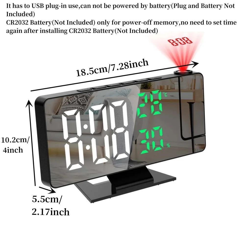 180° Arm Projection Digital Alarm Clock Temperature Humidity Night Mode Snooze 12/24H USB