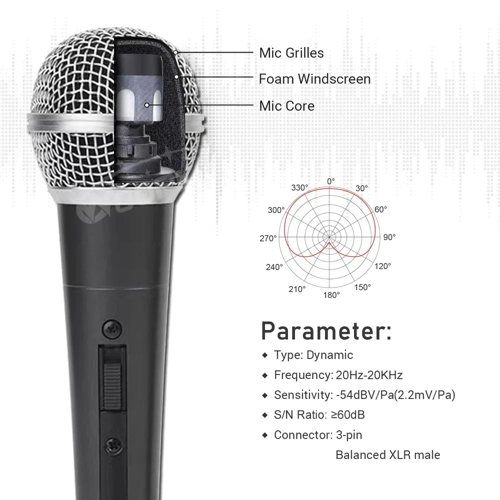 Woopker Wired Microphone Cardioid Dynamic Mic with Cable Power Switch for Speakers Karaoke Singing Song Amplifier Mixer