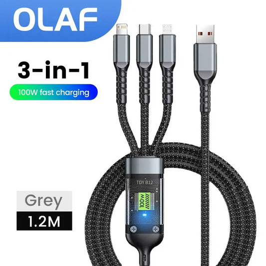 3in1-100W USB Cable Fast Charging Data Cord for iPhone Xiaomi Huawei Samsung USB A To Micro USB/Type C/8 Pin