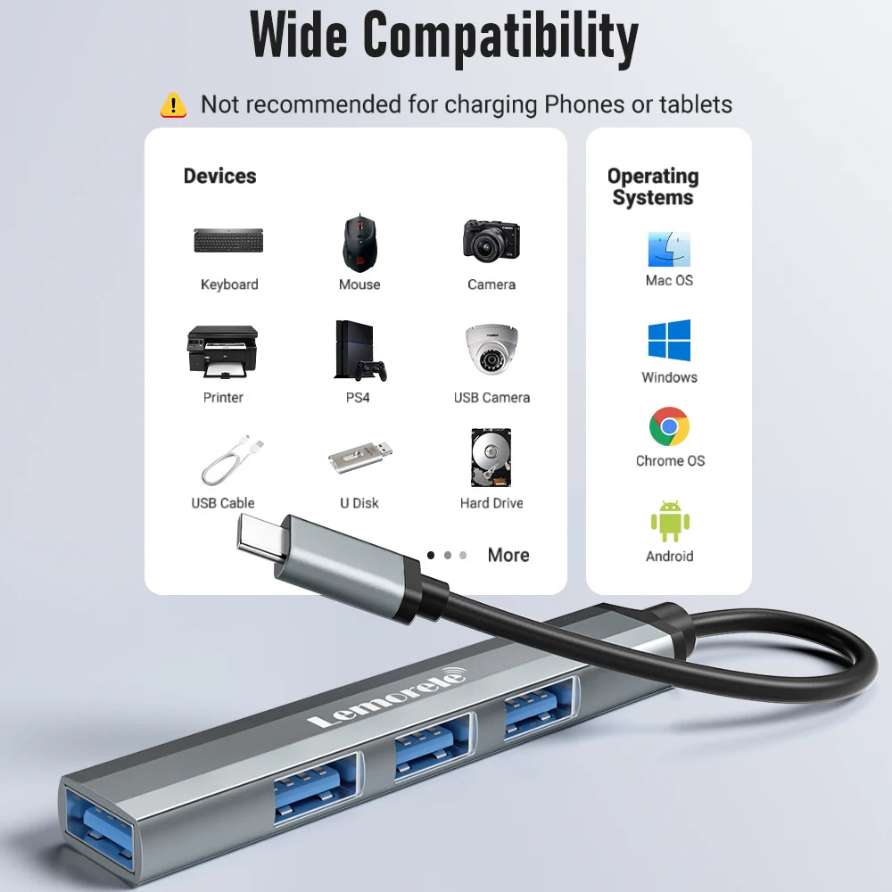 Lemorele USB Hub Type C Hub USB3.0 OTG 4 Port USB C/A HUB Multi Splitter Adapter Laptop Accessories For Lenovo Macbook Pro
